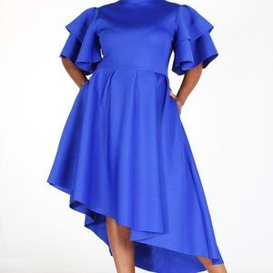 Royal Blue Fit and Flare Dress with Ruffled Sleeves Diagonal Cut Hem.